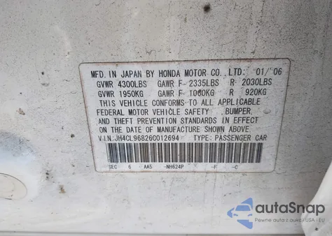 2006 Acura Tsx z USA, uszkodzony, nr VIN JH4CL96826C012694